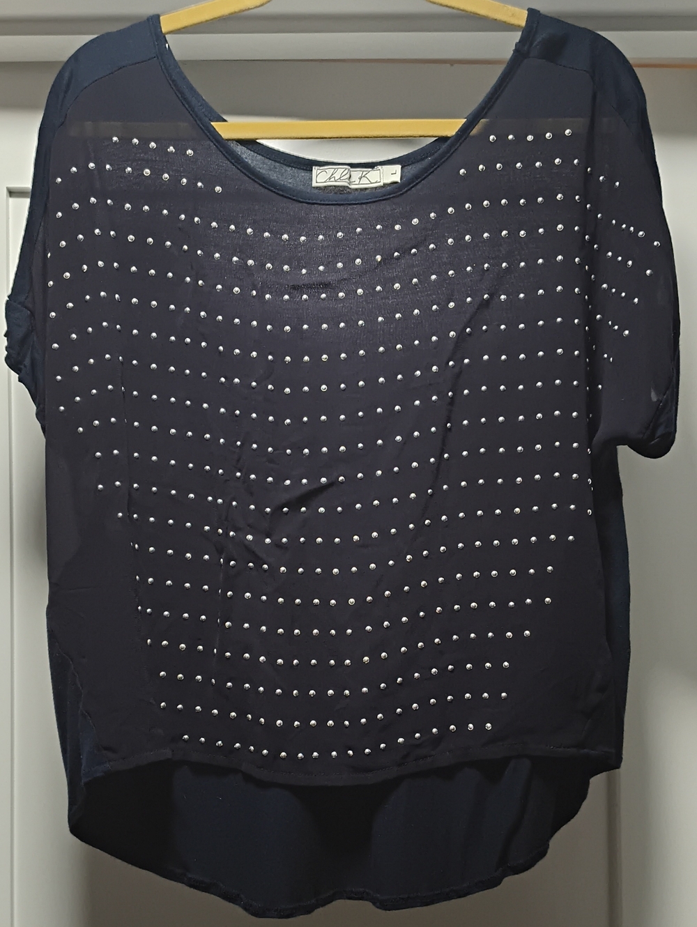 Chloe K Navy Short Sleeve Studded Top